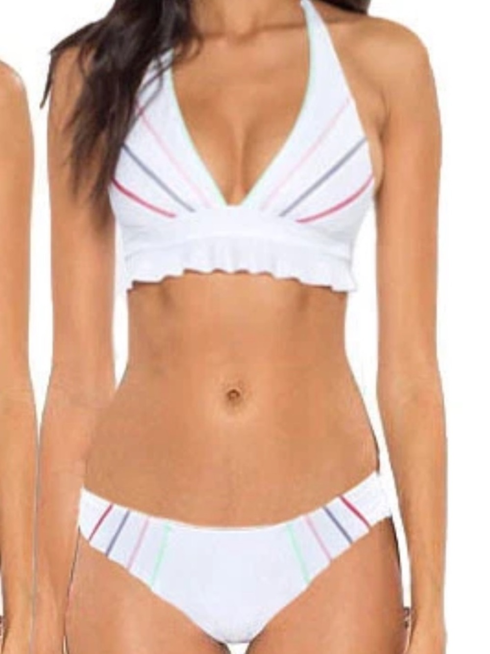 Soluna Swim Total Eclipse White Ruffle Halter Bikini Set with Stripes Sz M